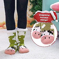 Dyw Women Winter Thick Slipper Socks With Grippers Non Slip Warm Fleece Lining Fluffy Fuzzy Socks Christmas Gifts Green Cow