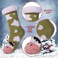 Dyw Women Winter Thick Slipper Socks With Grippers Non Slip Warm Fleece Lining Fluffy Fuzzy Socks Christmas Gifts Green Cow