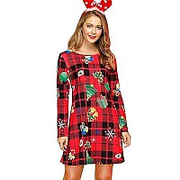 For G And Pl Xmas Women Long Sleeve Costume Printed Bodycon Dress Crewneck Pullover Christmas Outfits Red Plaid Xs