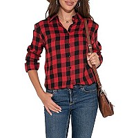 Guanyy Button Down Shirt Women Long Sleeve Shirts Christmas Plaid Shirts Lightweight Flannel Blouse Red Black Medium