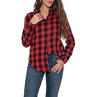 Guanyy Button Down Shirt Women Long Sleeve Shirts Christmas Plaid Shirts Lightweight Flannel Blouse Red Black Medium