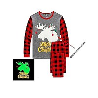 Family Feeling Adult Mens Holiday Christmas Glow In The Dark Moose Reindeer Plaid Matching Matching Family Pajamas Sets Long Sle