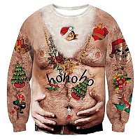 Raisevern Ugly Christmas Sweaters For Men Funny Hairy Chest Belly Print Ho Ho Ho Pullover Sweatshirts Xmas Party Long Sleeve Shi