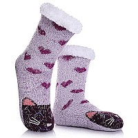 Dyw Women Winter Thick Slipper Socks With Grippers Non Slip Warm Fleece Lining Fluffy Fuzzy Socks Christmas Gifts Purple Cat