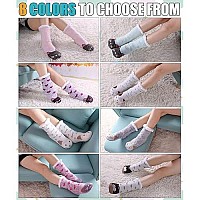 Dyw Women Winter Thick Slipper Socks With Grippers Non Slip Warm Fleece Lining Fluffy Fuzzy Socks Christmas Gifts Purple Cat