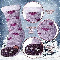 Dyw Women Winter Thick Slipper Socks With Grippers Non Slip Warm Fleece Lining Fluffy Fuzzy Socks Christmas Gifts Purple Cat