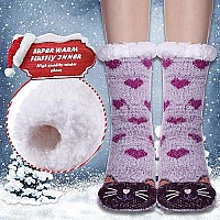 Dyw Women Winter Thick Slipper Socks With Grippers Non Slip Warm Fleece Lining Fluffy Fuzzy Socks Christmas Gifts Purple Cat