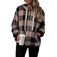 Yanekop Sherpa Hoodie Fuzzy Fleece Hoodie Womens Gifts For Christmas Oversized Sweatshirt For Womenb Khaki Black Plaid M