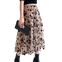 Women Tutu Tulle Skirt Elastic High Waist Layered Skirt Floral Print Mesh Aline Midi Skirt Khaki Plus Size B