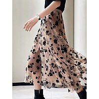 Women Tutu Tulle Skirt Elastic High Waist Layered Skirt Floral Print Mesh Aline Midi Skirt Khaki Plus Size B