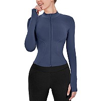 Gacaky Womens Slim Fit Lightweight Athletic Full Zip Stretchy Workout Running Track Jacket With Thumb Holes Dark Blue S