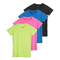 Real Essentials 4 Pack Girls Short Sleeve Shirts Tees Active Quick Dry Fit Crew Neck Tshirt Active Athletic Tops Soccer Sports