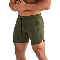 Pidogym Mens 5 Gym Workout Shorts Fitted Jogging Short Pants For Bodybuilding Running Training With Zipper Pockets Army Green