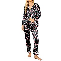 Ekouaer Silk Satin Pajamas Womens Long Sleeve Sleepwear Soft Button Down Pj Set 2 Piece Loungewear Christmas Black Print S