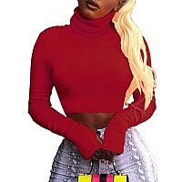 Artfish Women Long Sleeve Turtleneck Crop Tops Neon Ribbed Half Tight Cropped Sweaters Pullovers Christmas Maroon Burgundy Red M