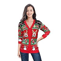 V28 Ugly Christmas Sweater For Women Reindeer Funny Merry Knit Sweaters Cardigan M Snowman Red