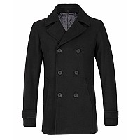 Thcreasa Mens Classic Double Breasted Pea Coat Wool Blend Quilted Lined Notched Collar Overcoat Trench Coat Black L