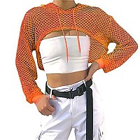 Smile Fish Women Halloween Sexy 80S Costumes Concert Fishnet Orange Crop Hoodies Tshirt0026 Orange Xl