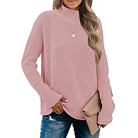 Merokeety Womens Long Sleeve Turtleneck Cozy Knit Sweater Casual Loose Pullover Jumper Tops Pink