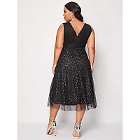 Floerns Womens Plus Size V Neck Sleeveless Sequin Cocktail Party Midi Dress Black 1Xl