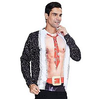 Raisevern Mens Ugly Christmas Sweatshirts 3D Fake Twopieces Muscle Red Tie Print Funny Xmas Party Abs Pullover Long Sleeve Shir