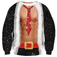 Raisevern Mens Ugly Christmas Sweatshirts 3D Fake Twopieces Muscle Red Tie Print Funny Xmas Party Abs Pullover Long Sleeve Shir