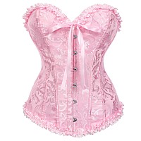 Shymmuo Womens Lacing Corset Top Satin Floral Boned Overbust Body Shaper Bustier Pink S