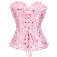 Shymmuo Womens Lacing Corset Top Satin Floral Boned Overbust Body Shaper Bustier Pink S