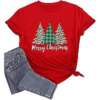 Merry Christmas Tree Print Tshirt Women Leopard Plaid Casual Short Sleeve Tee Tops Blouse Large Red1