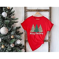 Merry Christmas Tree Print Tshirt Women Leopard Plaid Casual Short Sleeve Tee Tops Blouse Large Red1