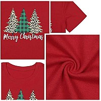 Merry Christmas Tree Print Tshirt Women Leopard Plaid Casual Short Sleeve Tee Tops Blouse Large Red1