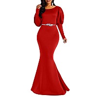 Memoriesea Womens Elegant Long Puff Sleeve Crew Neck Bodycon Mermaid Evening Gown Maxi Dress Red