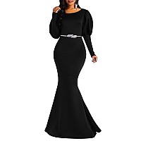 Memoriesea Womens Elegant Long Puff Sleeve Crew Neck Bodycon Mermaid Evening Gown Maxi Dress Black