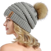 Queenfur Women Knit Slouchy Beanie Chunky Baggy Hat With Faux Fur Pompom Winter Soft Warm Ski Cap