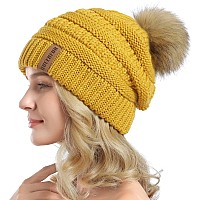 Queenfur Women Knit Slouchy Beanie Chunky Baggy Hat With Faux Fur Pompom Winter Soft Warm Ski Cap