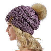 Queenfur Women Knit Slouchy Beanie Chunky Baggy Hat With Faux Fur Pompom Winter Soft Warm Ski Cap