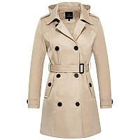 Farvalue Women S Waterproof Trench Coat Double Breasted Windbreaker Classic Belted Lapel Overcoat With Removable Hood Khaki Med