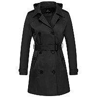 Farvalue Women S Waterproof Trench Coat Double Breasted Windbreaker Classic Belted Lapel Overcoat With Removable Hood Black Sma