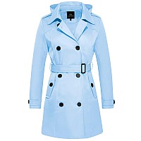 Farvalue Women S Waterproof Trench Coat Double Breasted Windbreaker Classic Belted Lapel Overcoat With Removable Hood Blue Larg