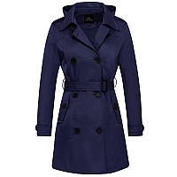 Farvalue Women S Waterproof Trench Coat Double Breasted Windbreaker Classic Belted Lapel Overcoat With Removable Hood Navy Larg