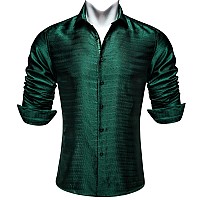 Barrywang Men Shirts Emerald Green Solid Silk Dress Shirt Long Sleeve For Casual Business Party Woven Shirts St Patricks Day