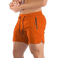 Pidogym Mens 5 Gym Workout Shorts Fitted Jogging Short Pants For Bodybuilding Running Training With Zipper Pockets Orange