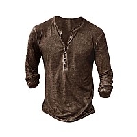 Mens Distressed Henley Shirts Front Placket Retro Long Sleeve Tee Shirts Casual Button Down Washed Tshirts For Men Brown