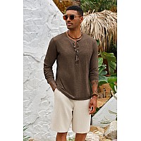 Mens Distressed Henley Shirts Front Placket Retro Long Sleeve Tee Shirts Casual Button Down Washed Tshirts For Men Brown