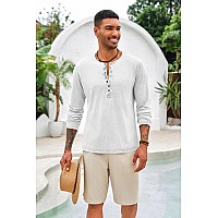 Mens Distressed Henley Shirts Front Placket Retro Long Sleeve Tee Shirts Casual Button Down Washed Tshirts For Men White