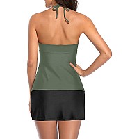 Yonique 2 Piece Swimsuits For Women Tummy Control Tankini Top With Skirt Bottom Halter V Neck Bathing Suit Army Green S