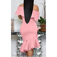 Gobles Womens Elegant Off The Sholder Back Zipper Ruffles Bodycon Midi Cocktail Dress Orange Pink