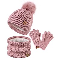 Kids Winter Hat Gloves Scarf Set Girls Hats Beanie With Pom Knit Neck Warmer Gaiter Mittens Fleece Lined Girls Accessories Cold