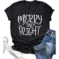 Merry And Bright Stars Christmas Tshirt Women Letter Printed Casual Short Sleeve Tee Tops