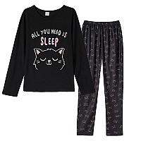 Ventelan Women Pajamas Cute Christmas Sleepwear Plus Size Loungewear Set Long Sleeve Night Suits L Black Cat